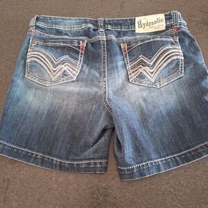 Hydraulic Distressed Blue Denim Jean Shorts with Embroidered Pockets